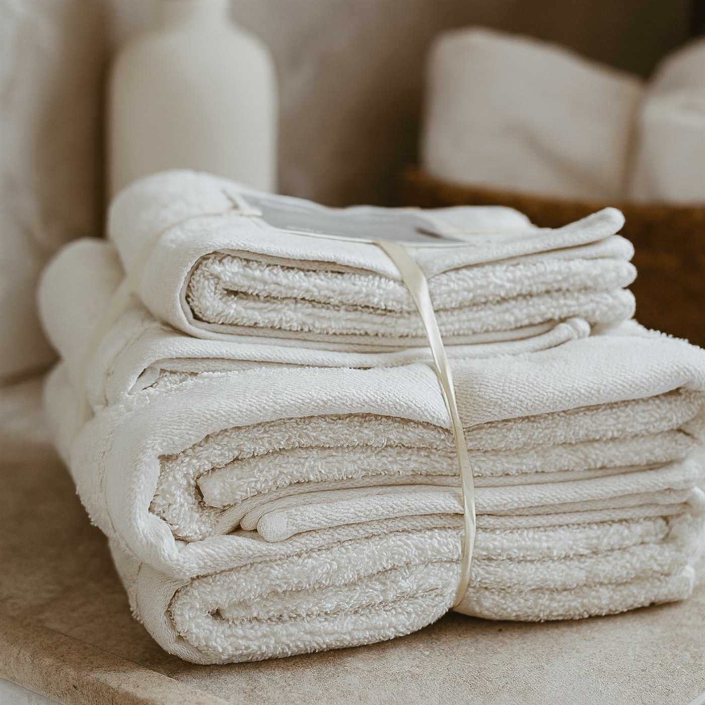 Set de cuatro toallas blancas de algodón para baño y Airbnb